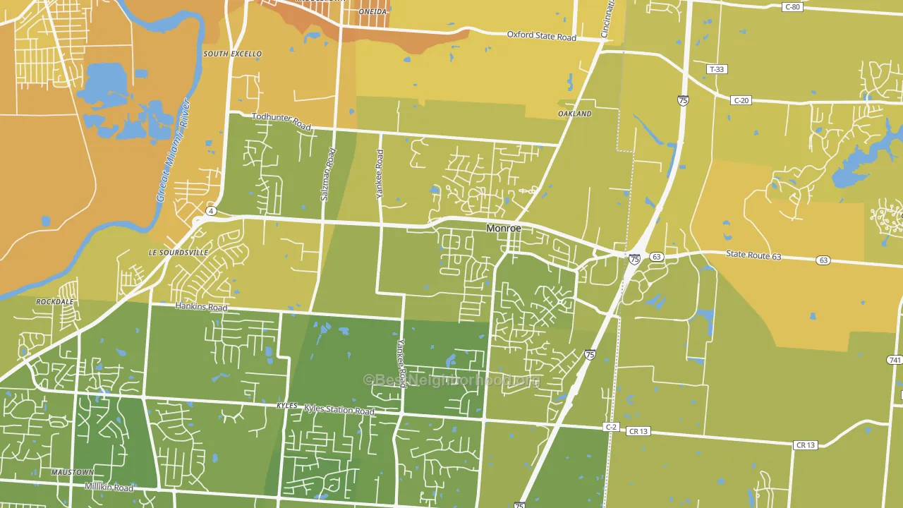 Map of the best neighborhoods in the 45050 area, with better matches in green and worse matches in red