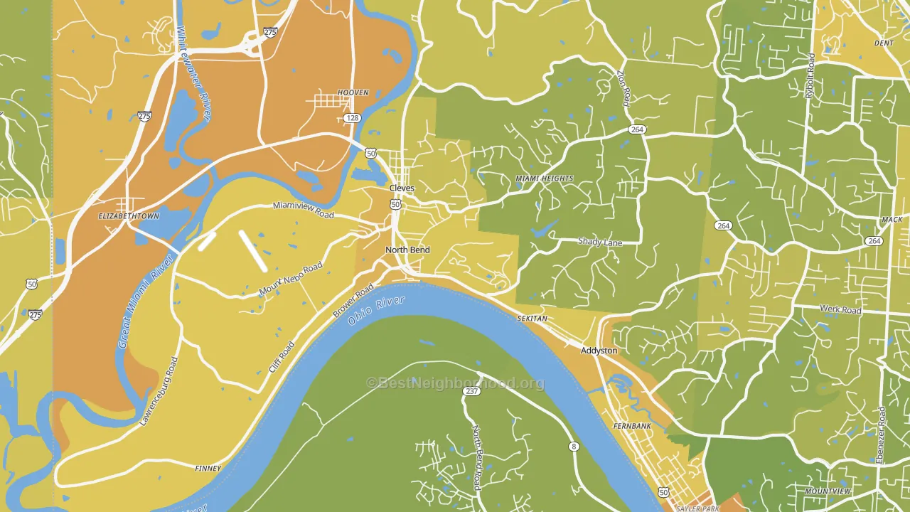 Map of the best neighborhoods in the 45052 area, with better matches in green and worse matches in red