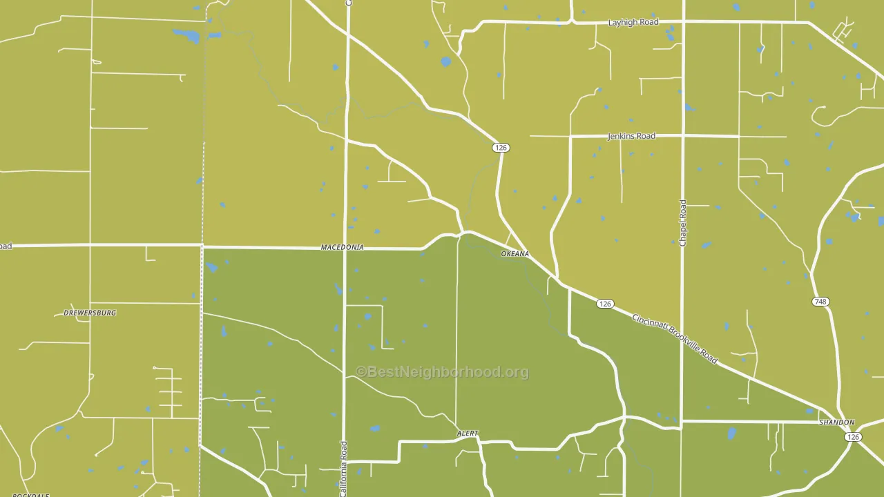 Map of the best neighborhoods in the 45053 area, with better matches in green and worse matches in red