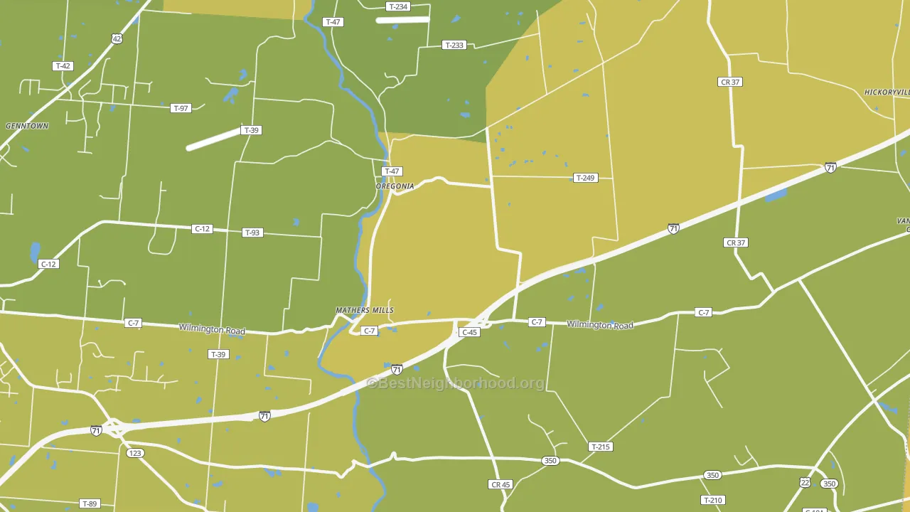 Map of the best neighborhoods in the 45054 area, with better matches in green and worse matches in red