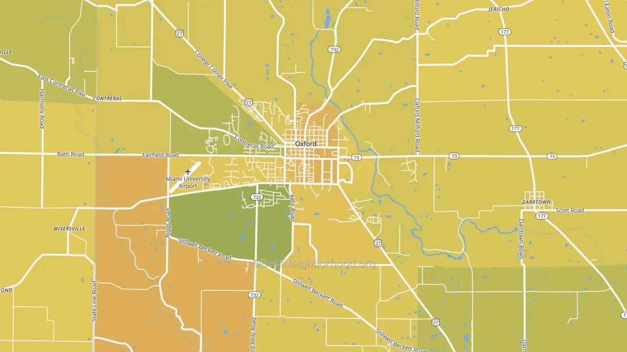 Map of the best neighborhoods in the 45056 area, with better matches in green and worse matches in red