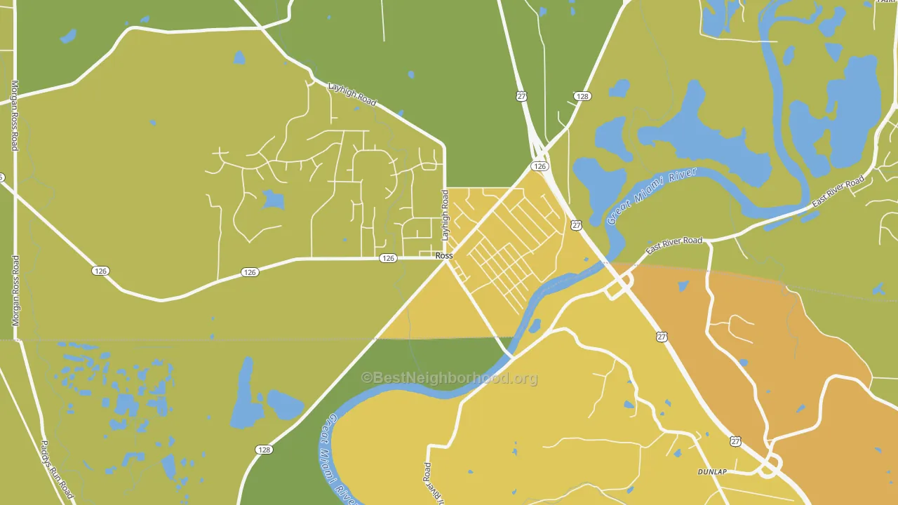 Map of the best neighborhoods in the 45061 area, with better matches in green and worse matches in red