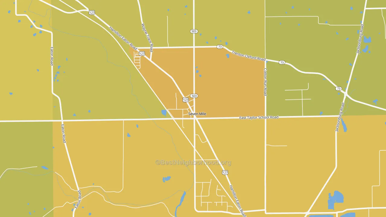 Map of the best neighborhoods in the 45062 area, with better matches in green and worse matches in red