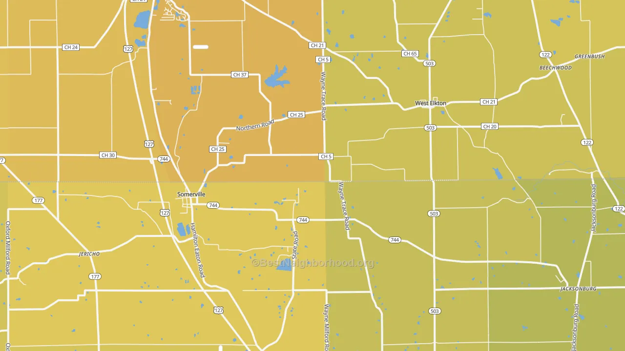 Map of the best neighborhoods in the 45064 area, with better matches in green and worse matches in red