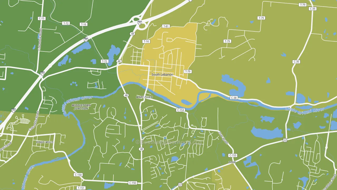 Map of the best neighborhoods in the 45065 area, with better matches in green and worse matches in red
