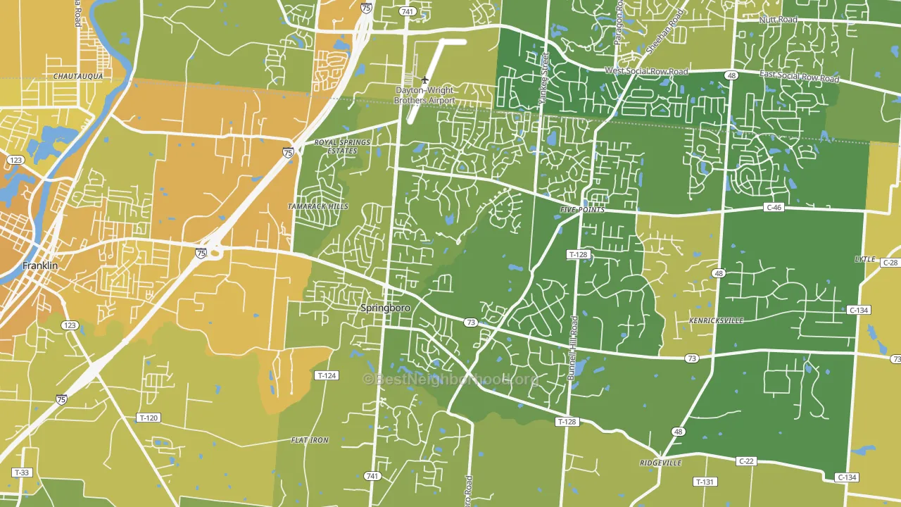 Map of the best neighborhoods in the 45066 area, with better matches in green and worse matches in red