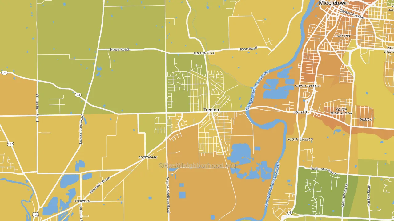 Map of the best neighborhoods in the 45067 area, with better matches in green and worse matches in red