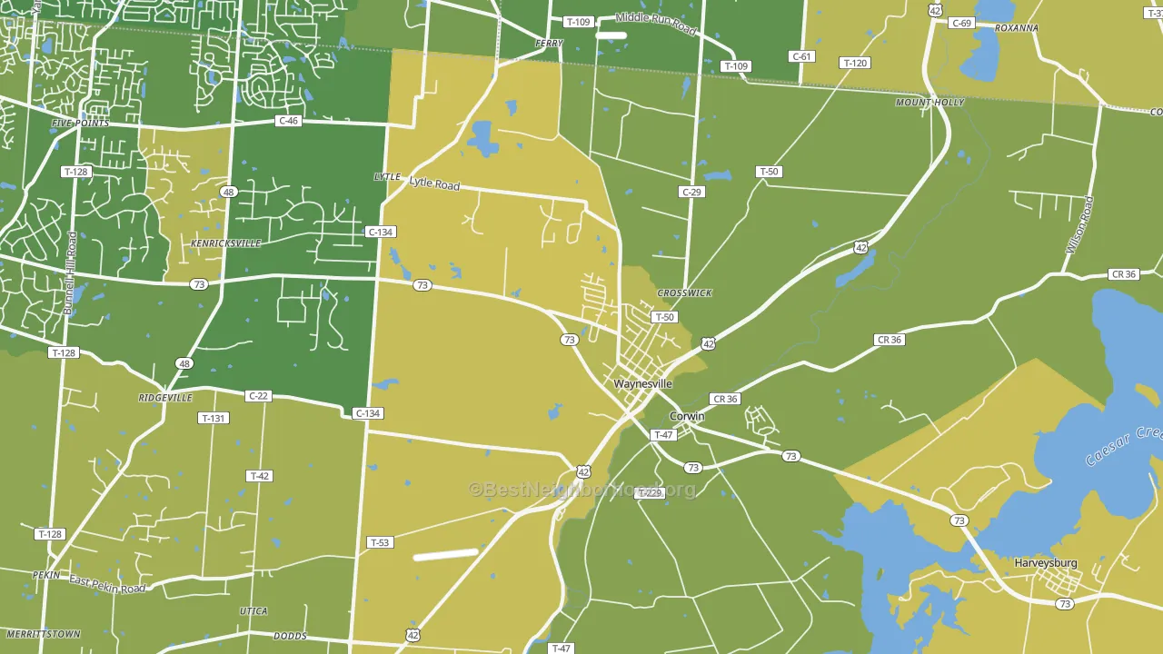 Map of the best neighborhoods in the 45068 area, with better matches in green and worse matches in red