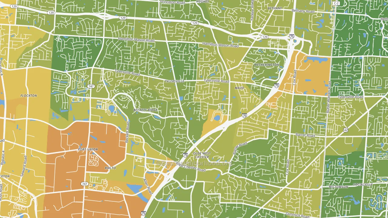 Map of the best neighborhoods in the 45069 area, with better matches in green and worse matches in red