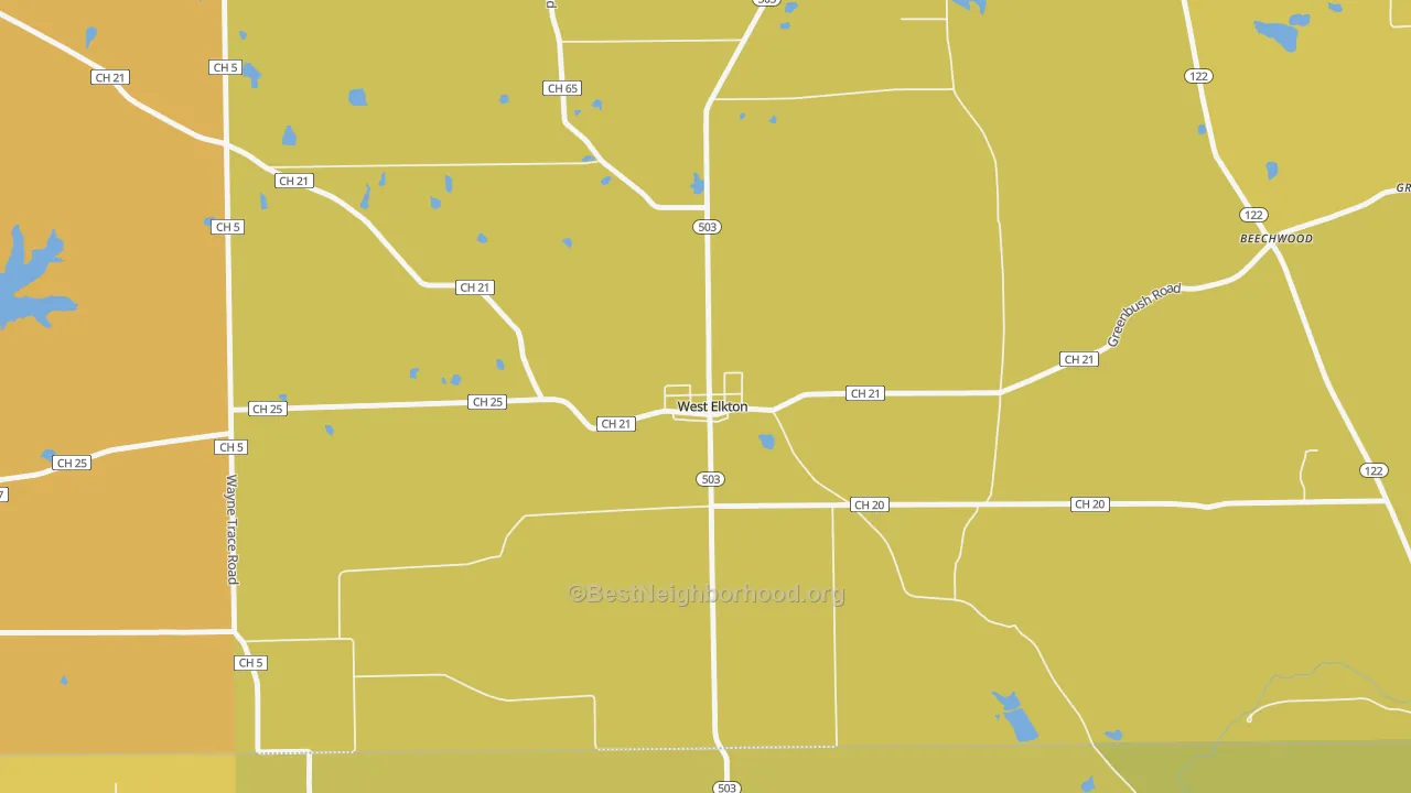 Map of the best neighborhoods in the 45070 area, with better matches in green and worse matches in red