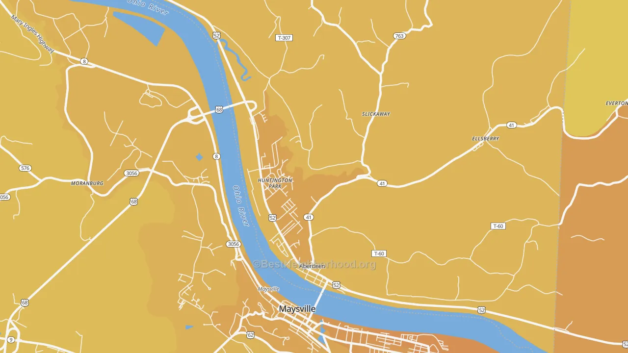 Map of the best neighborhoods in the 45101 area, with better matches in green and worse matches in red
