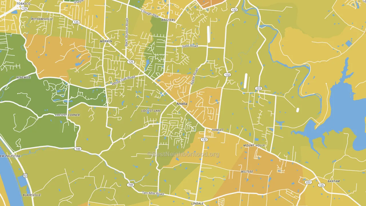 Map of the best neighborhoods in the 45102 area, with better matches in green and worse matches in red