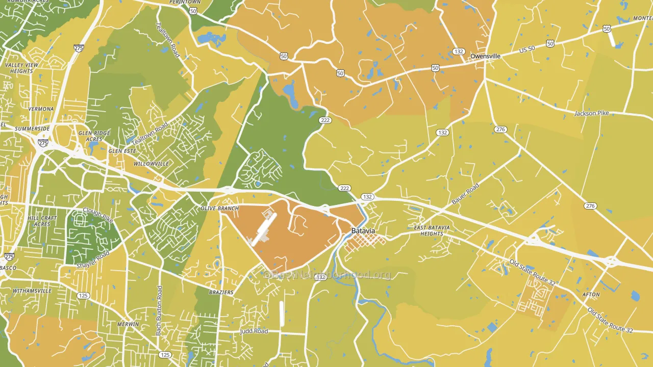 Map of the best neighborhoods in the 45103 area, with better matches in green and worse matches in red