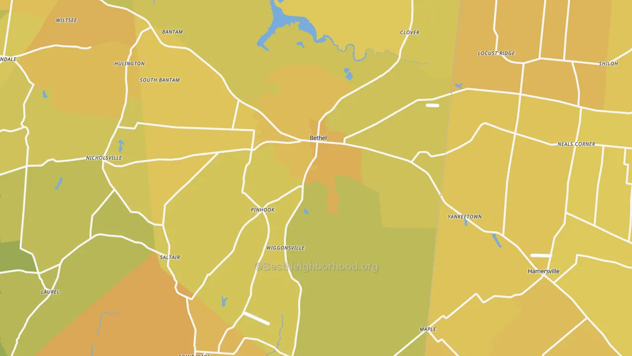 Map of the best neighborhoods in the 45106 area, with better matches in green and worse matches in red