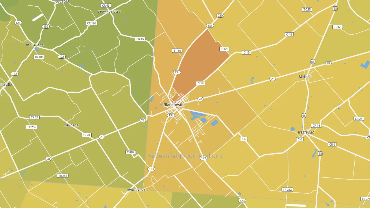Map of the best neighborhoods in the 45107 area, with better matches in green and worse matches in red