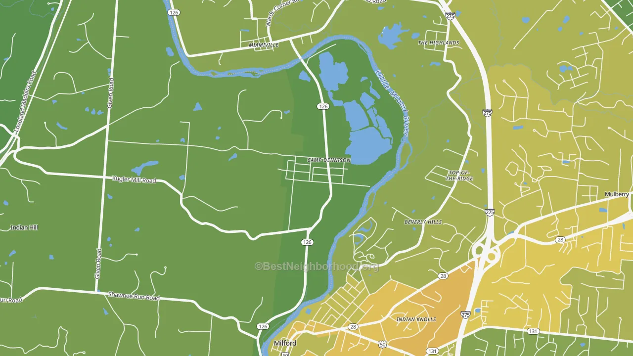Map of the best neighborhoods in the 45111 area, with better matches in green and worse matches in red