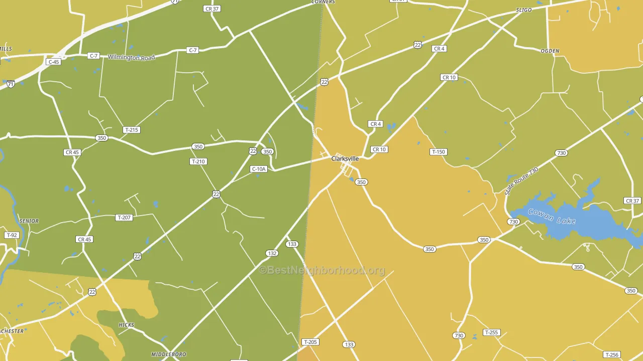 Map of the best neighborhoods in the 45113 area, with better matches in green and worse matches in red