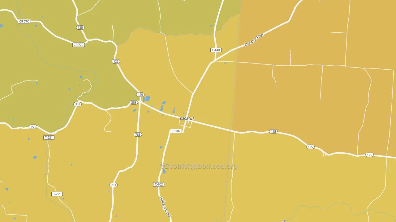 Map of the best neighborhoods in the 45115 area, with better matches in green and worse matches in red