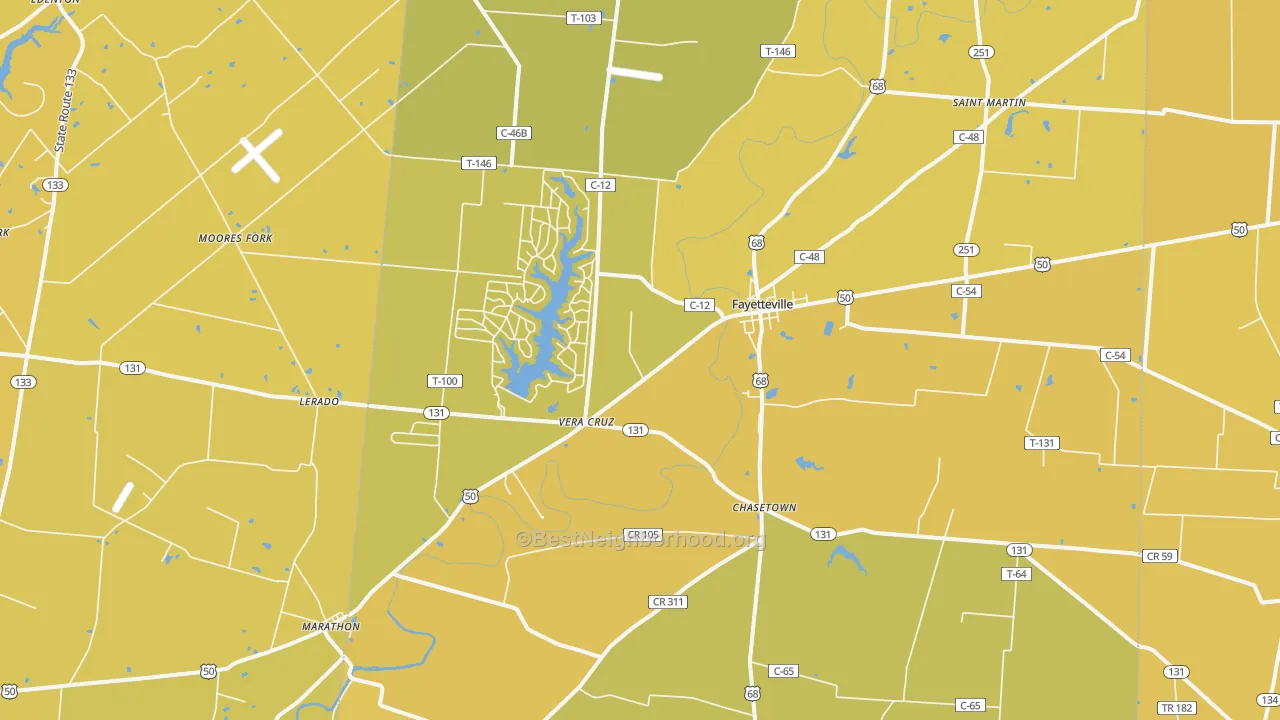 Map of the best neighborhoods in the 45118 area, with better matches in green and worse matches in red