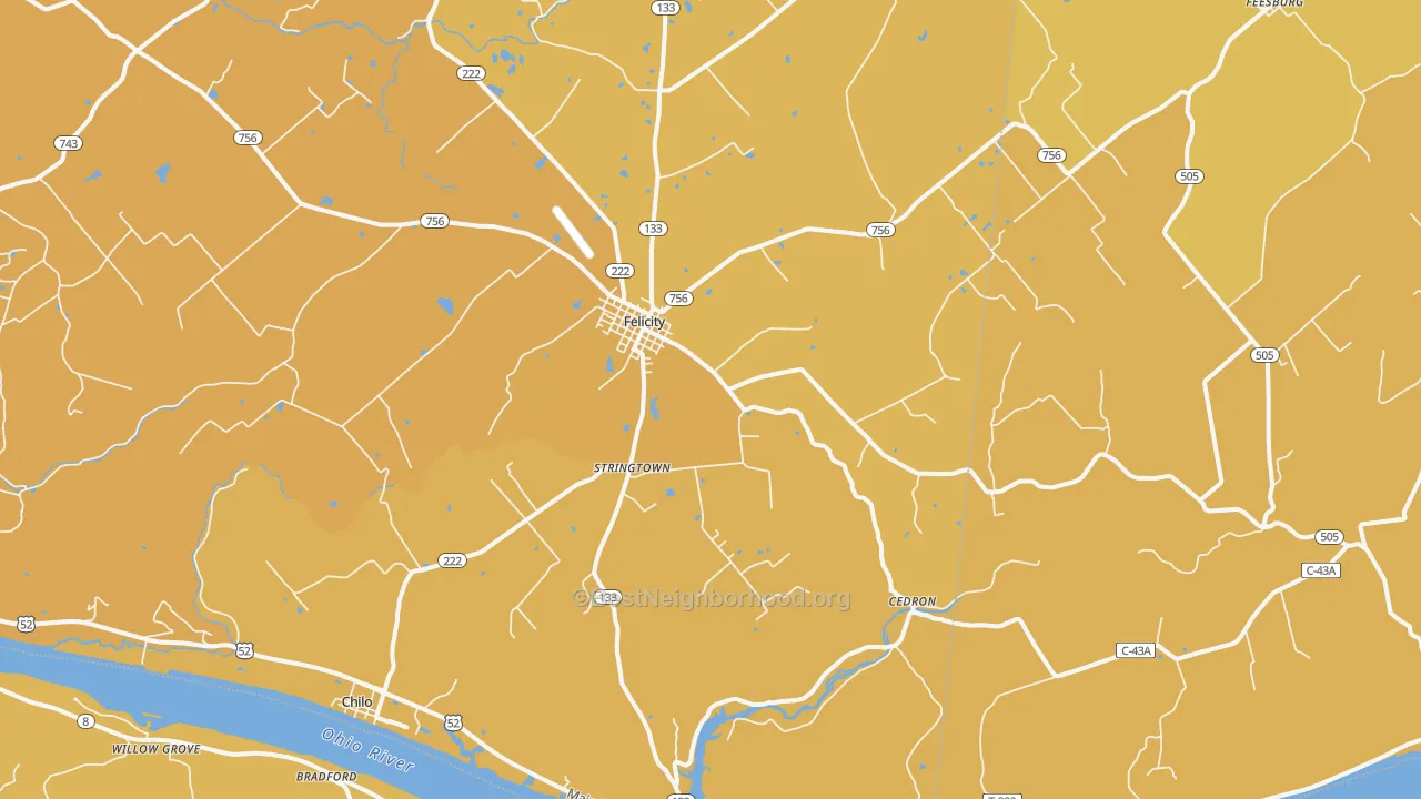 Map of the best neighborhoods in the 45120 area, with better matches in green and worse matches in red