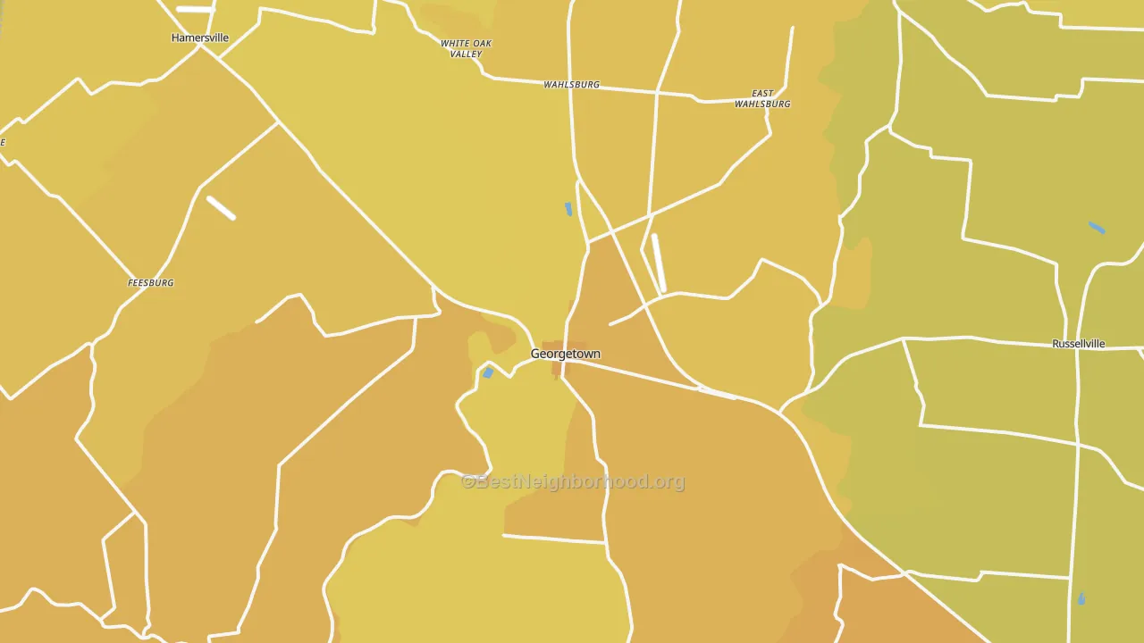 Map of the best neighborhoods in the 45121 area, with better matches in green and worse matches in red
