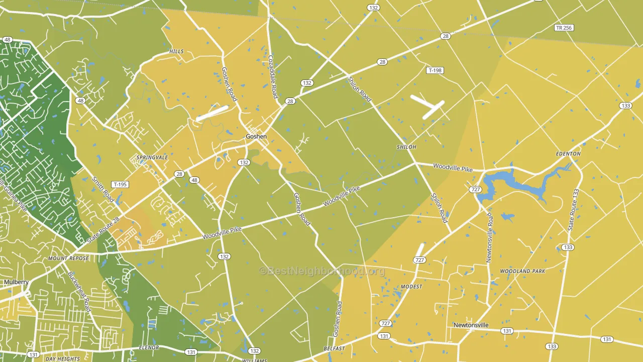 Map of the best neighborhoods in the 45122 area, with better matches in green and worse matches in red
