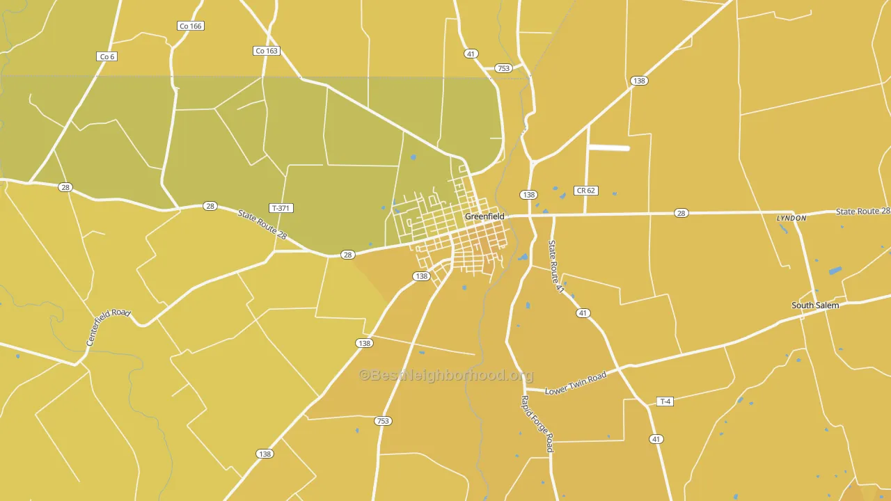 Map of the best neighborhoods in the 45123 area, with better matches in green and worse matches in red