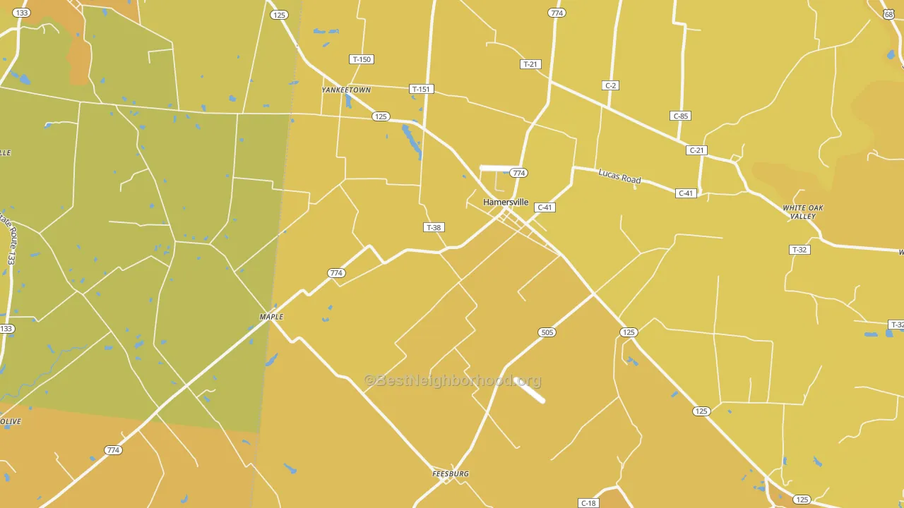 Map of the best neighborhoods in the 45130 area, with better matches in green and worse matches in red