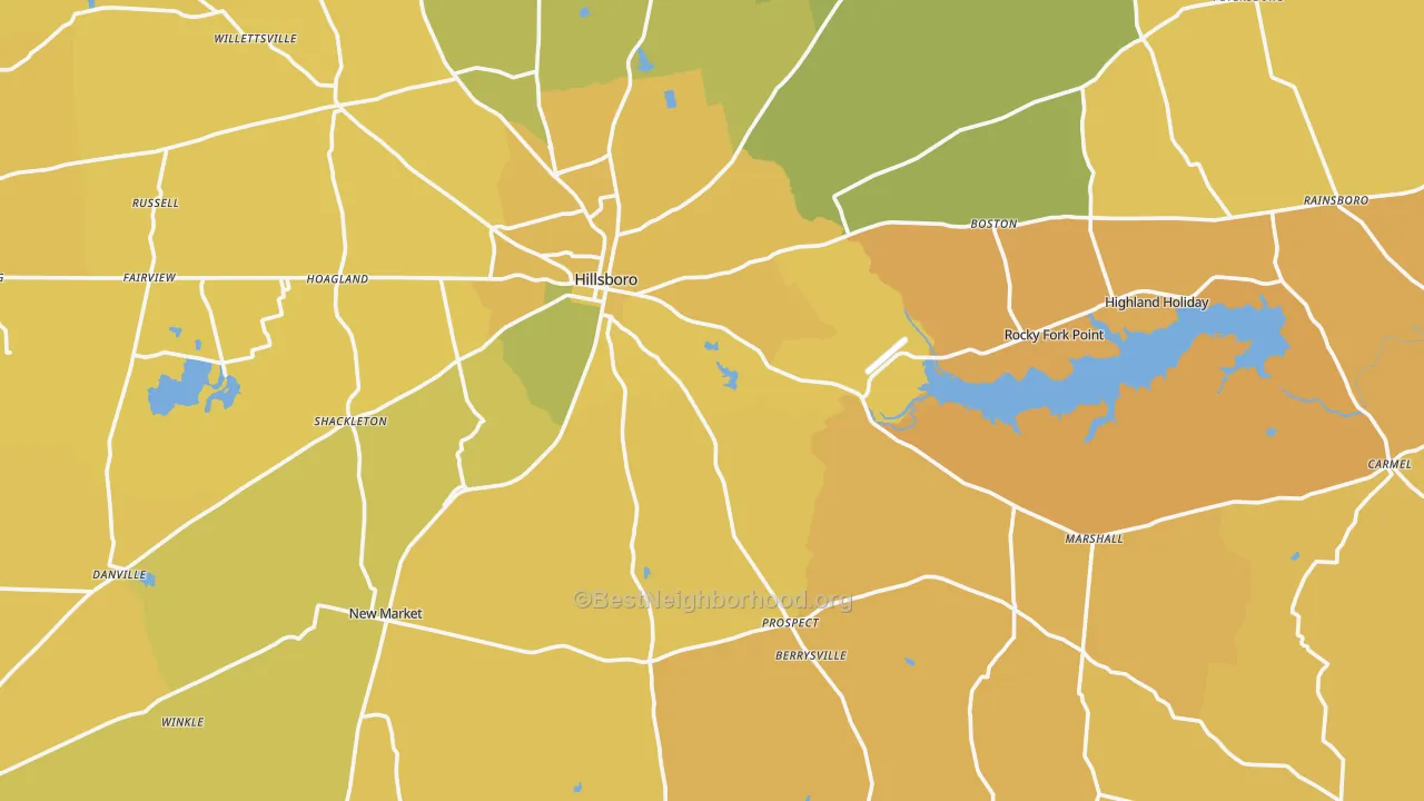 Map of the best neighborhoods in the 45133 area, with better matches in green and worse matches in red