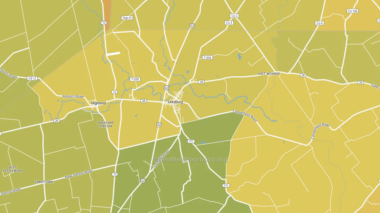 Map of the best neighborhoods in the 45135 area, with better matches in green and worse matches in red