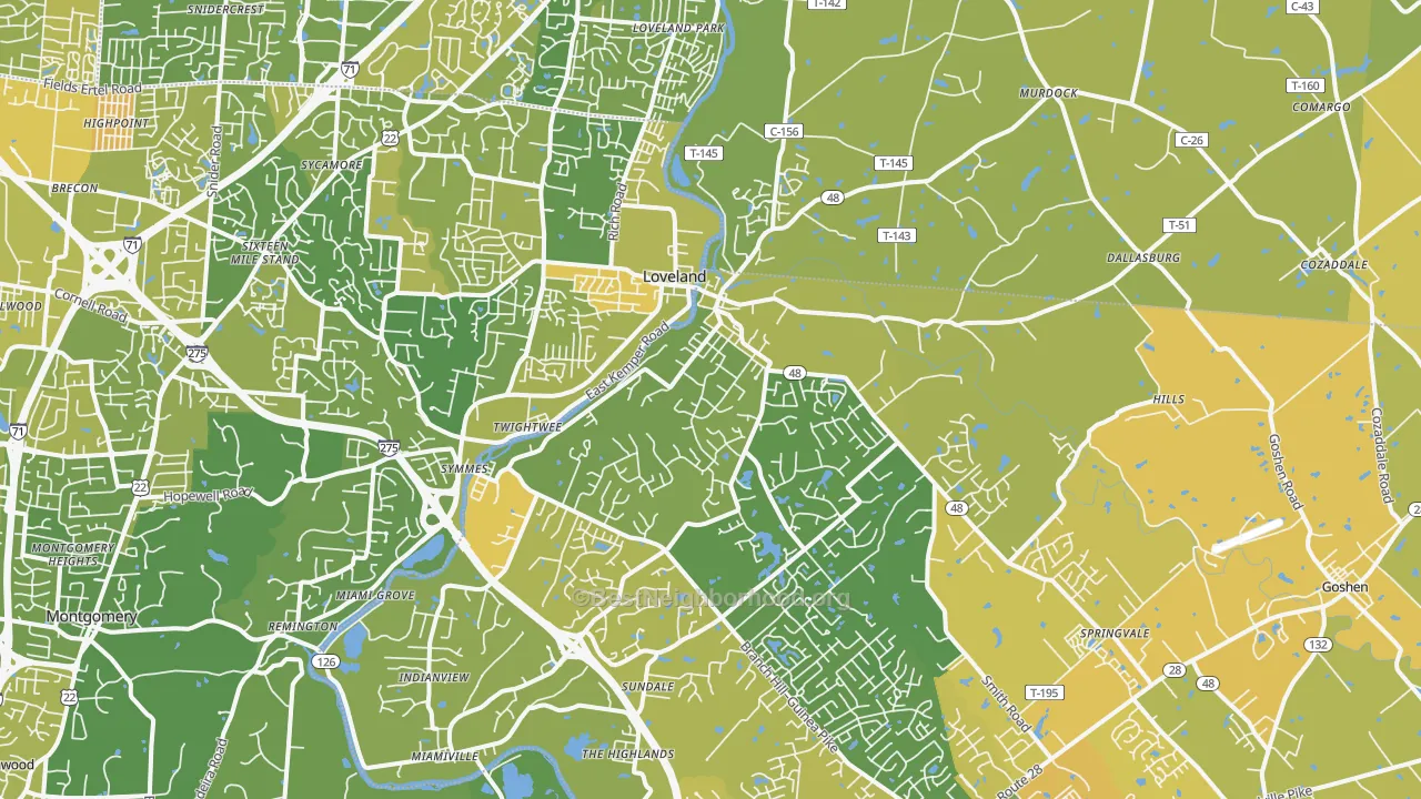 Map of the best neighborhoods in the 45140 area, with better matches in green and worse matches in red
