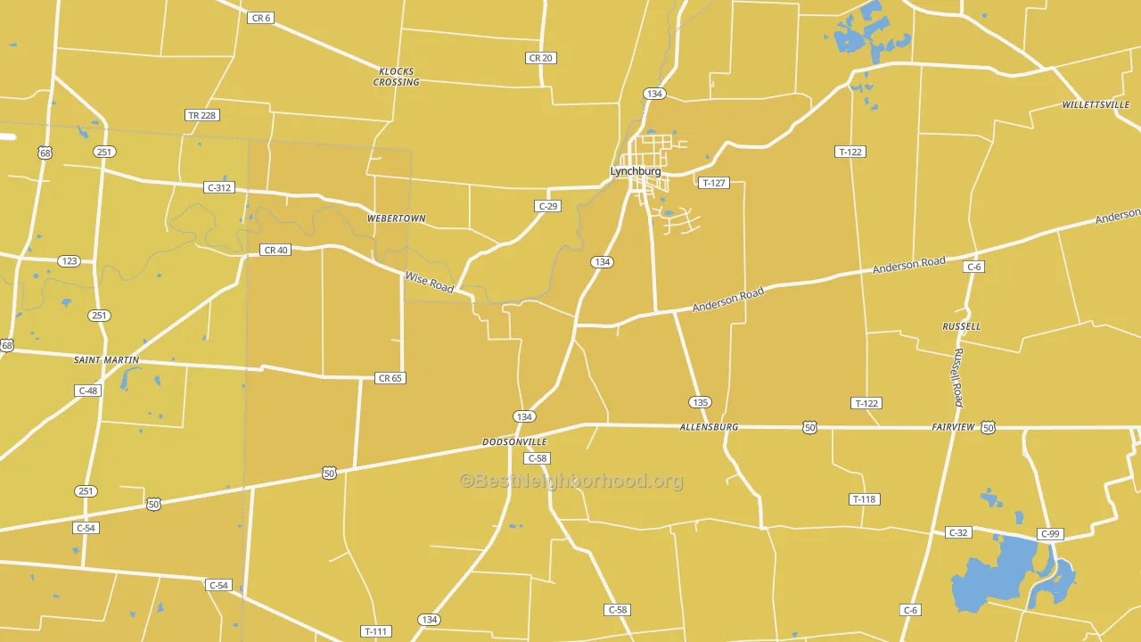Map of the best neighborhoods in the 45142 area, with better matches in green and worse matches in red