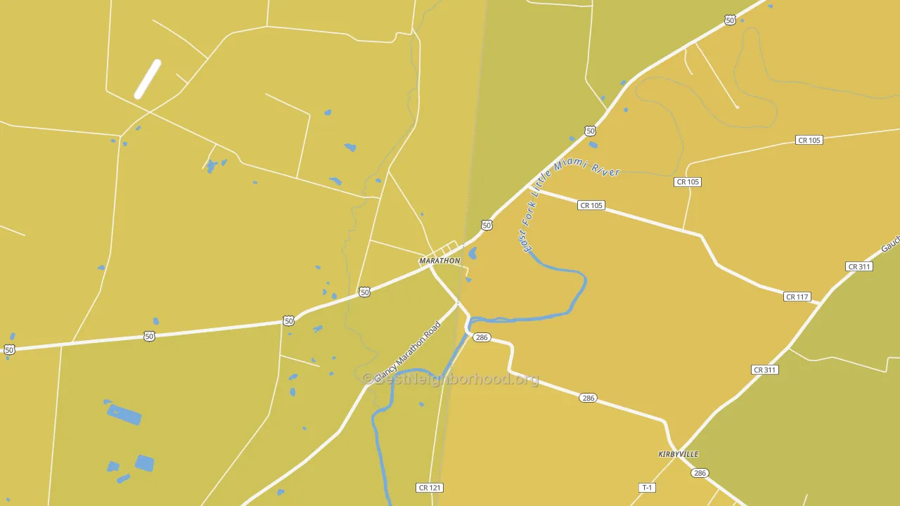 Map of the best neighborhoods in the 45145 area, with better matches in green and worse matches in red