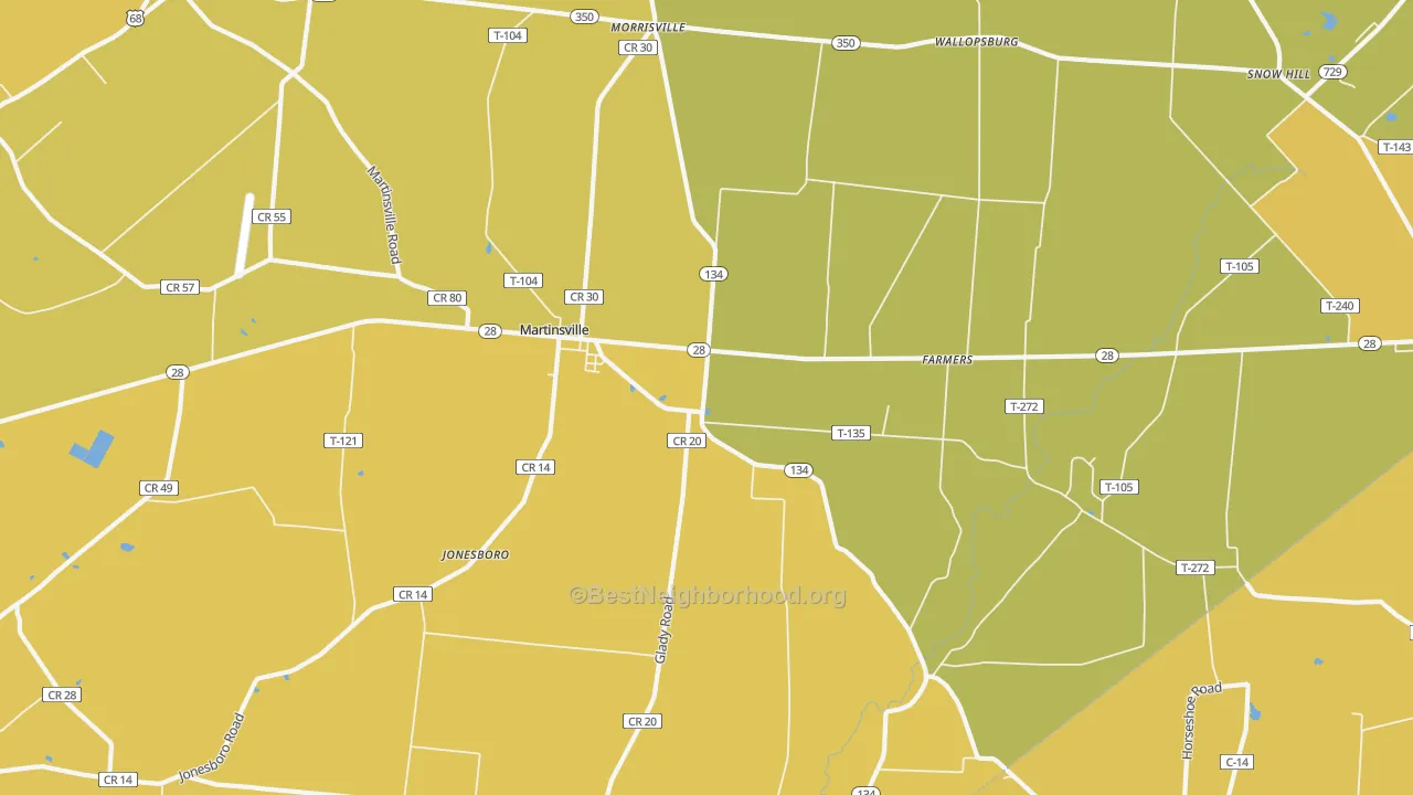 Map of the best neighborhoods in the 45146 area, with better matches in green and worse matches in red