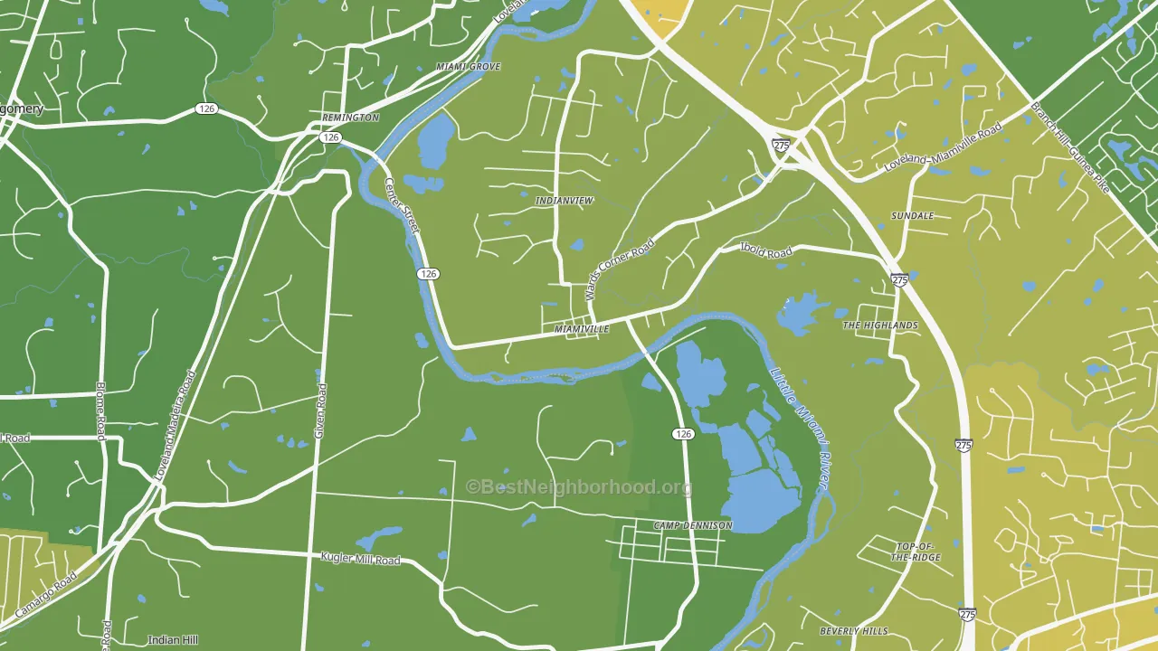 Map of the best neighborhoods in the 45147 area, with better matches in green and worse matches in red