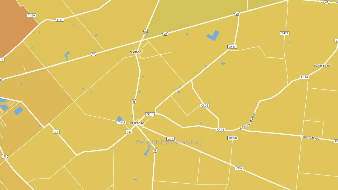 Map of the best neighborhoods in the 45148 area, with better matches in green and worse matches in red