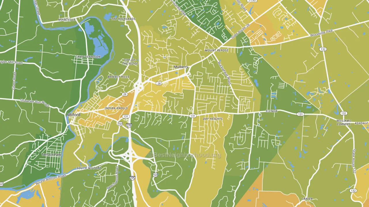 Map of the best neighborhoods in the 45150 area, with better matches in green and worse matches in red