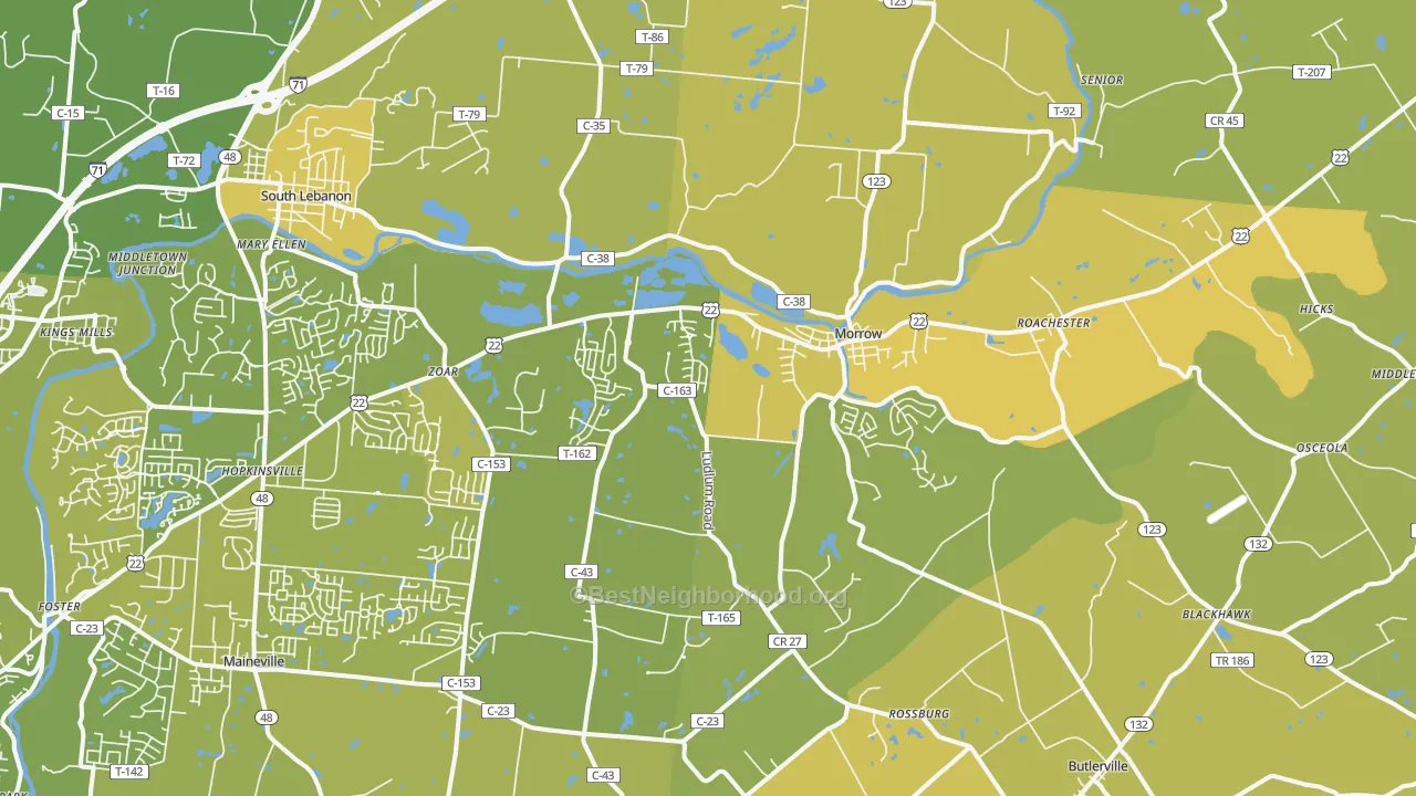 Map of the best neighborhoods in the 45152 area, with better matches in green and worse matches in red