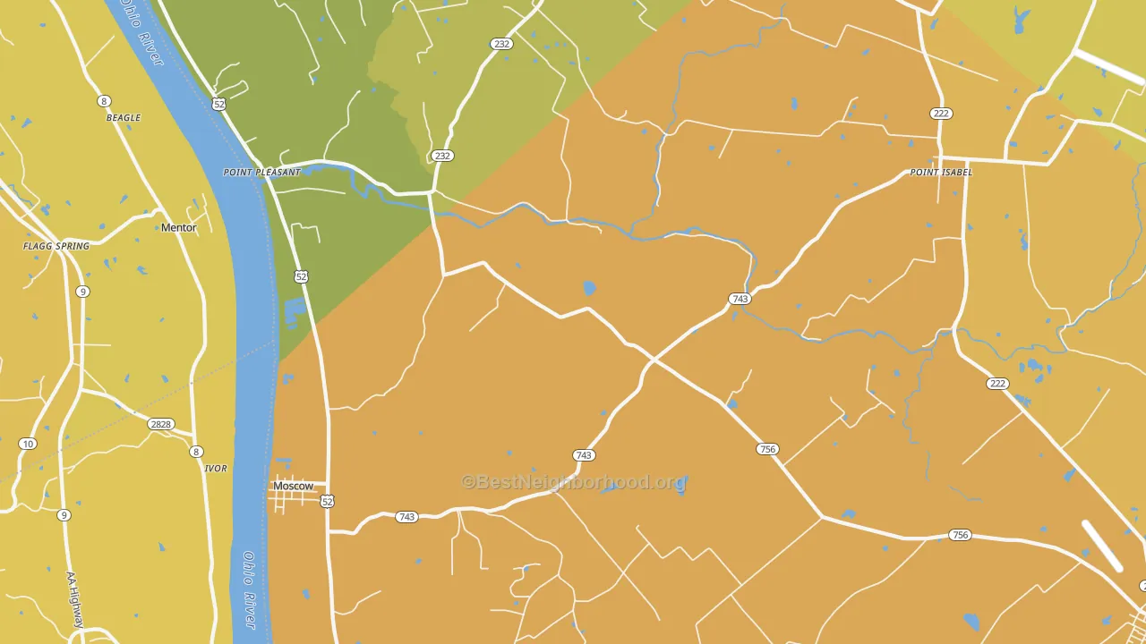 Map of the best neighborhoods in the 45153 area, with better matches in green and worse matches in red