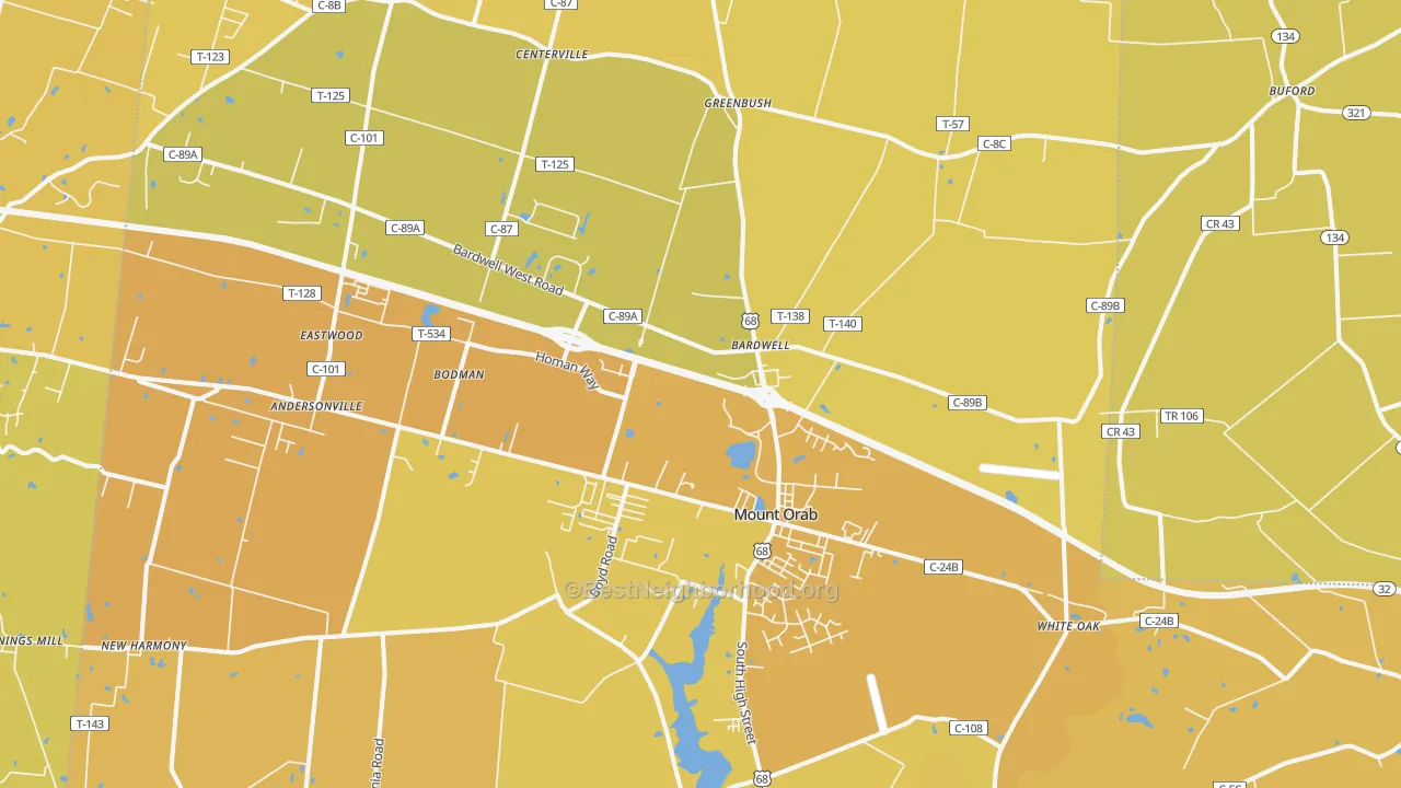 Map of the best neighborhoods in the 45154 area, with better matches in green and worse matches in red
