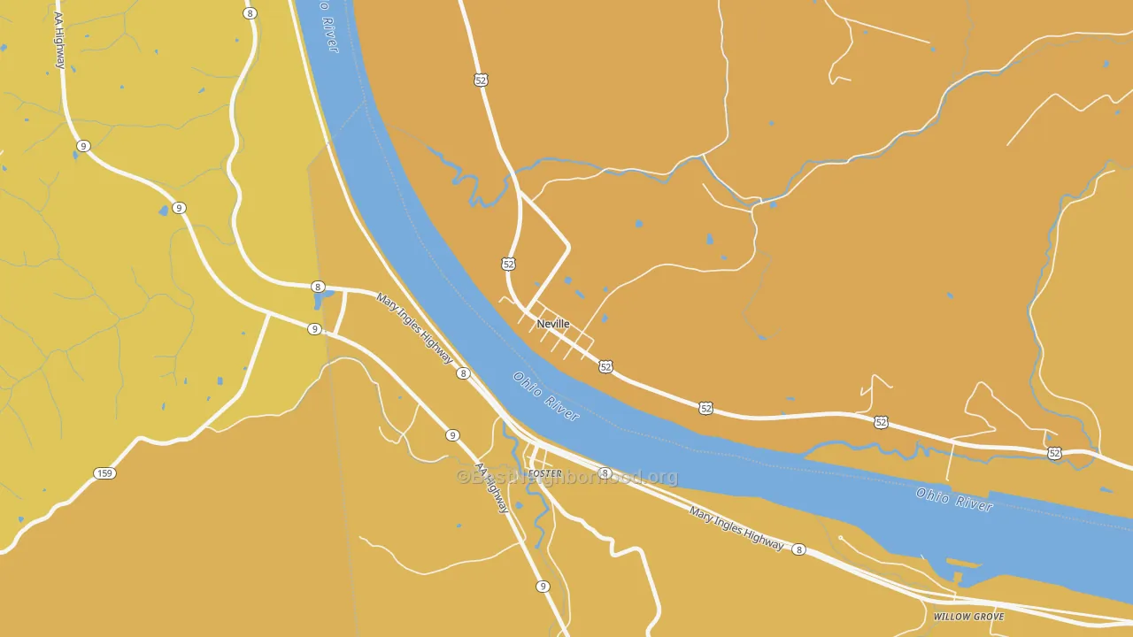 Map of the best neighborhoods in the 45156 area, with better matches in green and worse matches in red