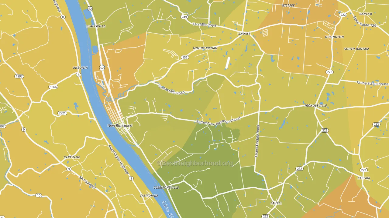 Map of the best neighborhoods in the 45157 area, with better matches in green and worse matches in red