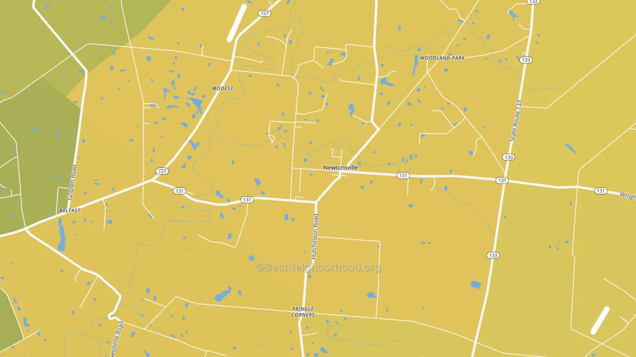 Map of the best neighborhoods in the 45158 area, with better matches in green and worse matches in red