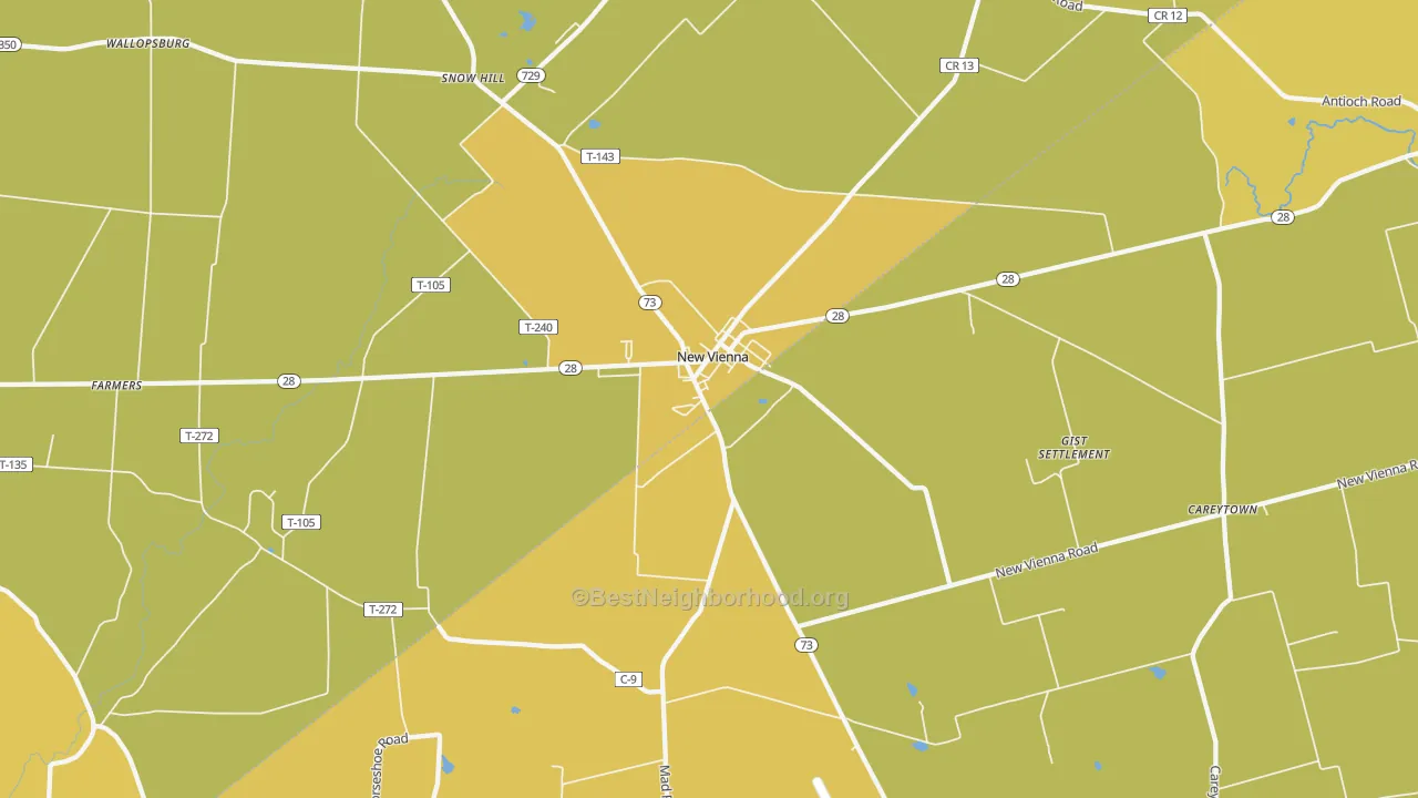 Map of the best neighborhoods in the 45159 area, with better matches in green and worse matches in red