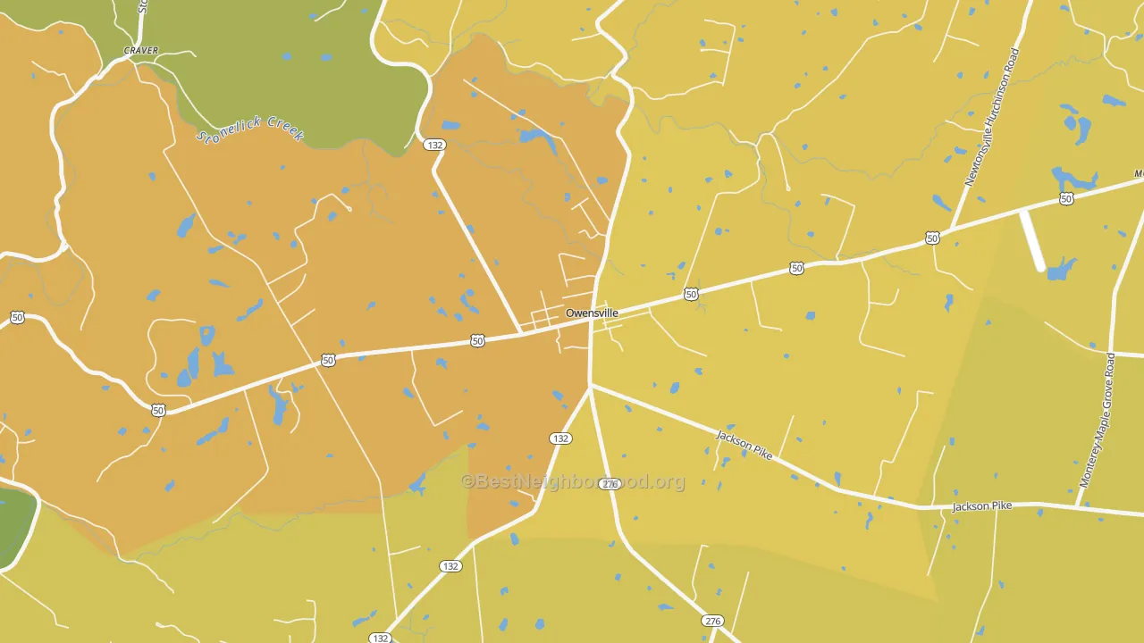 Map of the best neighborhoods in the 45160 area, with better matches in green and worse matches in red