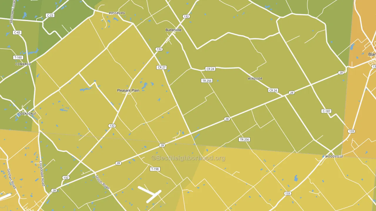 Map of the best neighborhoods in the 45162 area, with better matches in green and worse matches in red
