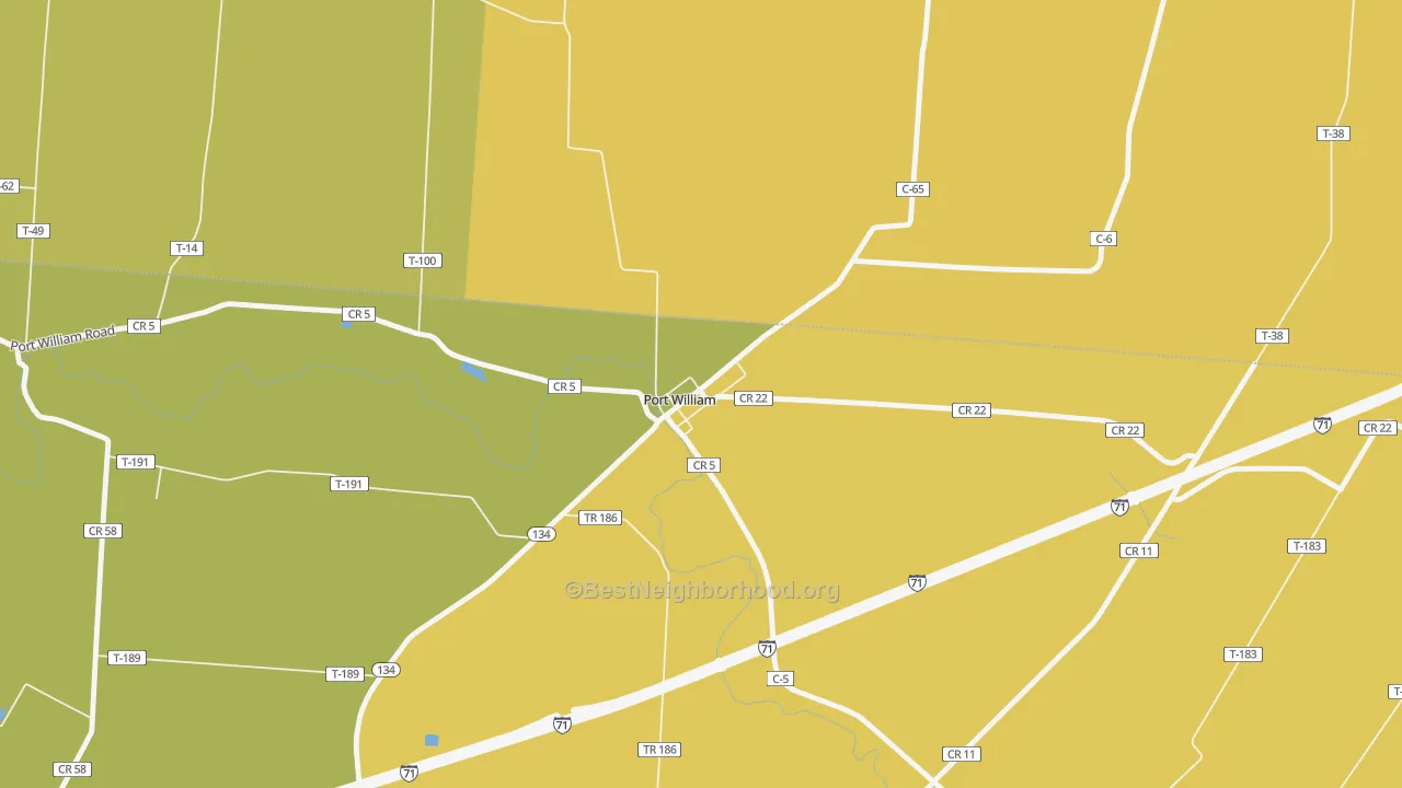 Map of the best neighborhoods in the 45164 area, with better matches in green and worse matches in red