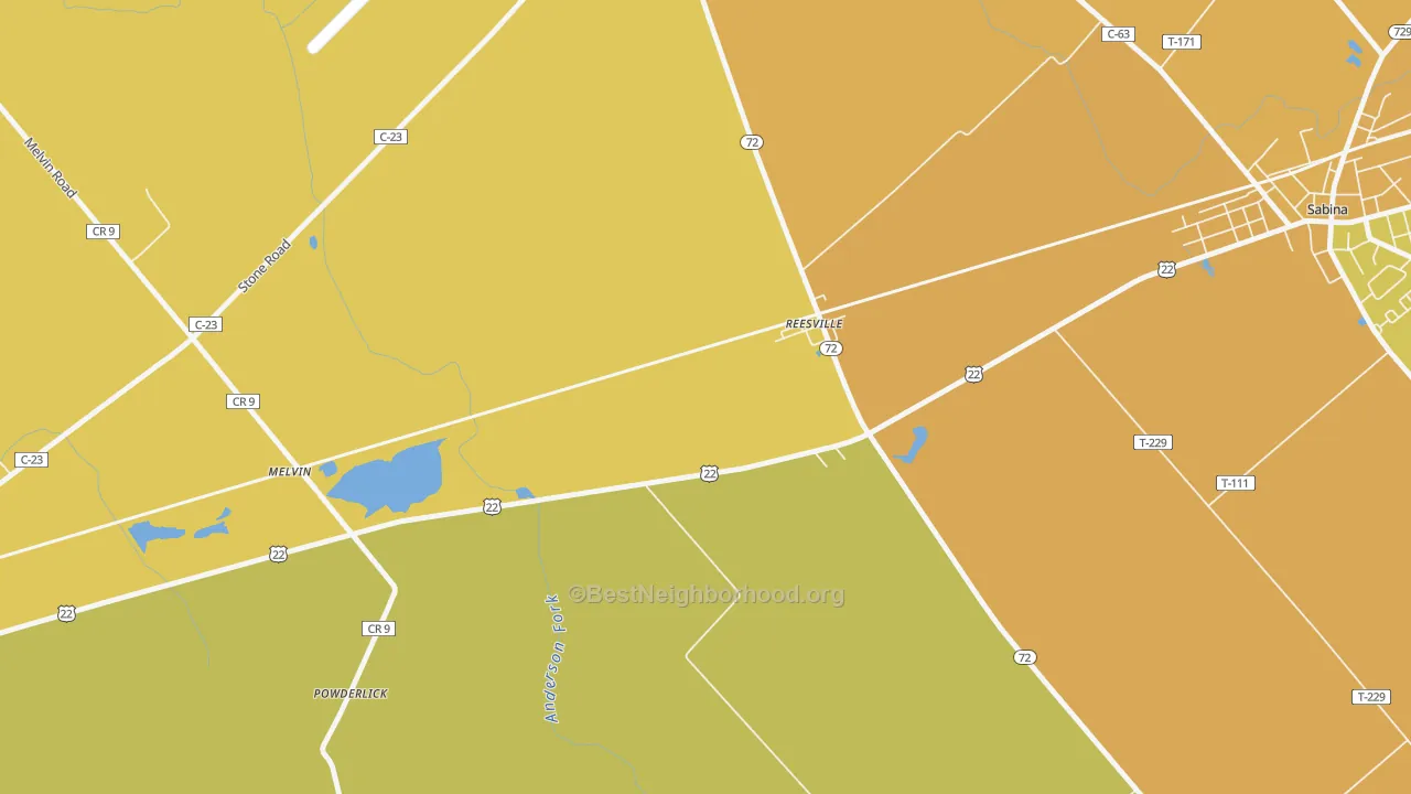 Map of the best neighborhoods in the 45166 area, with better matches in green and worse matches in red