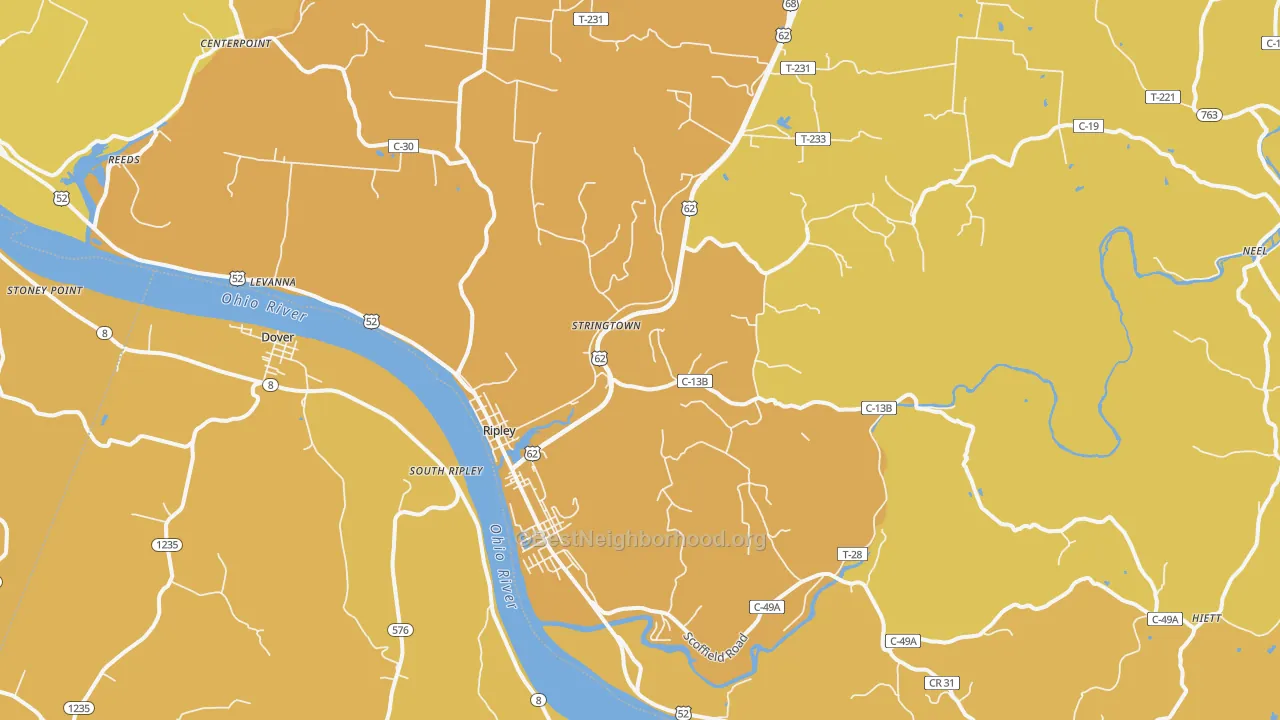 Map of the best neighborhoods in the 45167 area, with better matches in green and worse matches in red