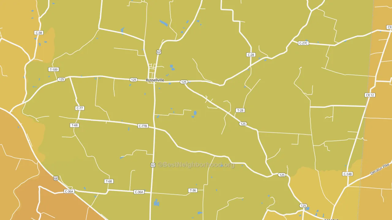Map of the best neighborhoods in the 45168 area, with better matches in green and worse matches in red